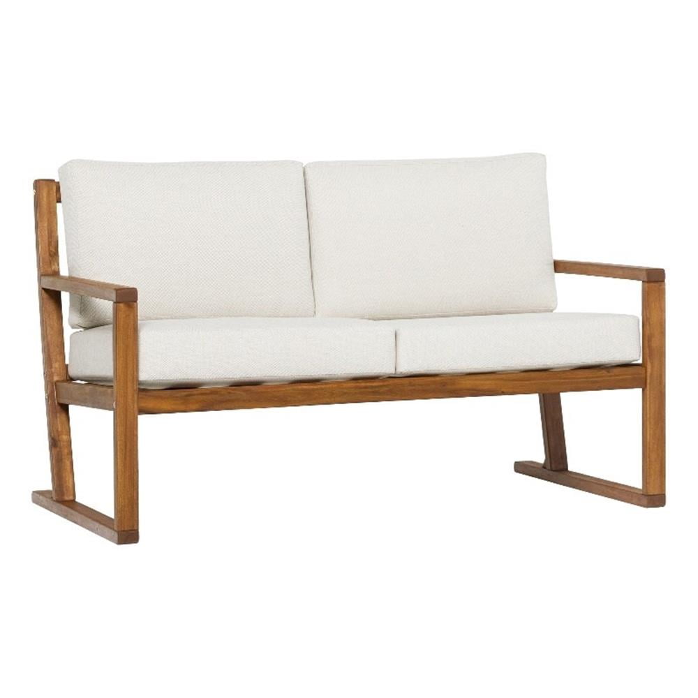 White Upholstered Solid Acacia Wood 2-Seater Loveseat
