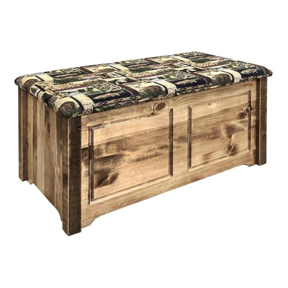 Rustic Brown Pine Wood Blanket Chest with Upholstered Seat