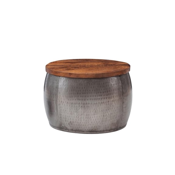 Pemberley Row Mango Wood and Hammered Metal Pewter Table Drum Shape Hidden Storage 22.5" Fully Assembled