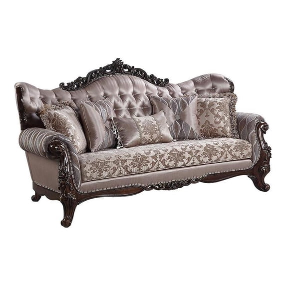 Pemberly Row Modern Sofa with 5 Pillows in Taupe and Antique Oak
