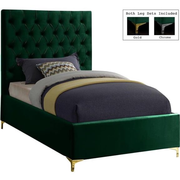 Pemberly Row Modern Solid Wood Tufted Velvet Twin Bed in Green