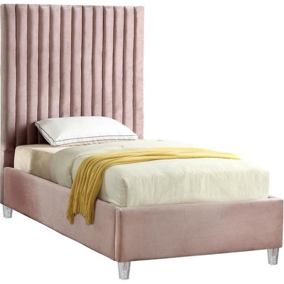 Pemberly Row Modern Solid Wood Tufted Velvet Twin Bed in Pink