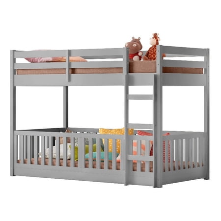 Pemberly Row Modern Solid Wood Twin Over Twin Bunk Bed with Guardrail in Gray