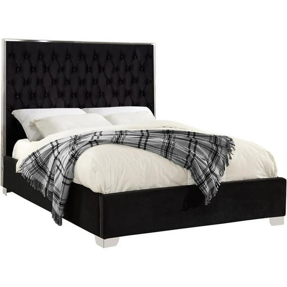 Pemberly Row Modern Solid Wood and Velvet Queen Bed in Black