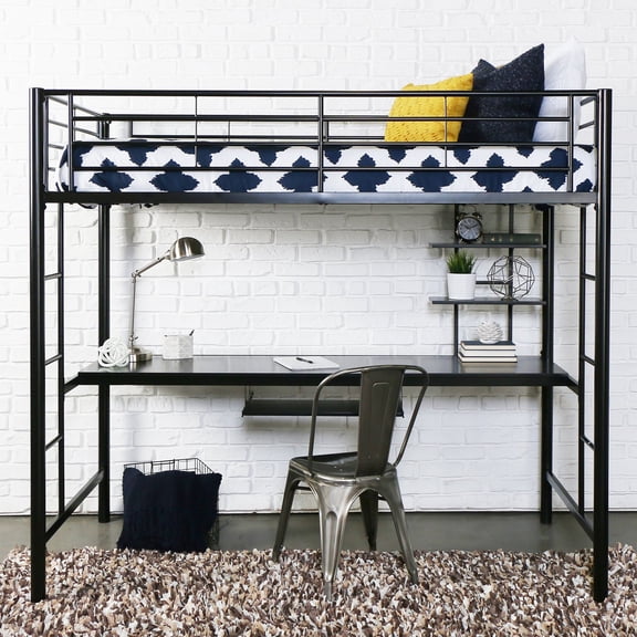 Pemberly Row Modern Steel Metal Full Loft Bed with Workstation in Trendy White