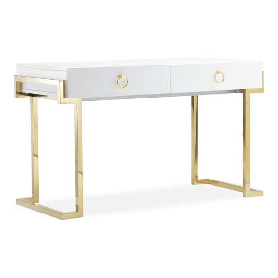 Pemberly Row Modern Steel/Wood Desk in Glossy White Lacquer/Gold