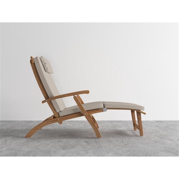 Pemberly Row Modern Teak Folding Outdoor Deck Chair Lounge with Beige Cushions