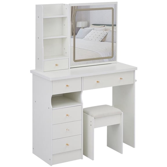Pemberly Row Modern Vanity Desk with Mirror and Storage Shelves-White