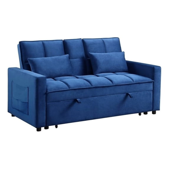 Pemberly Row Modern Velvet Sleeper Sofa with Cup Holder in Blue