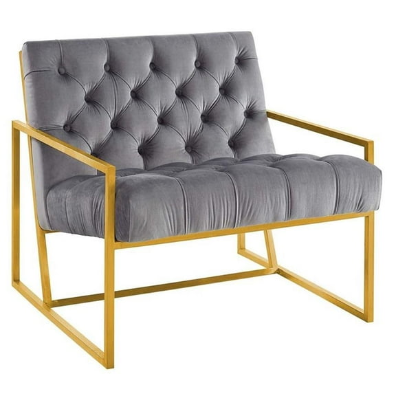 Pemberly Row Modern Velvet Tufted Accent Chair in Gray and Gold