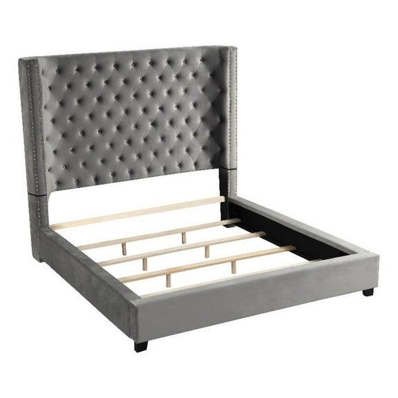 Pemberly Row Modern Velvet Upholstered Queen Platform Bed in Gray