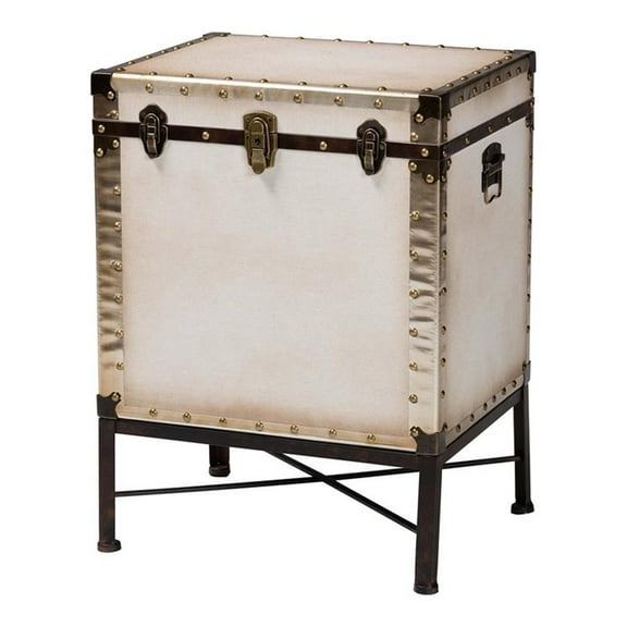 Pemberly Row Modern Vintage White Canvas Lift-Top Trunk End Table