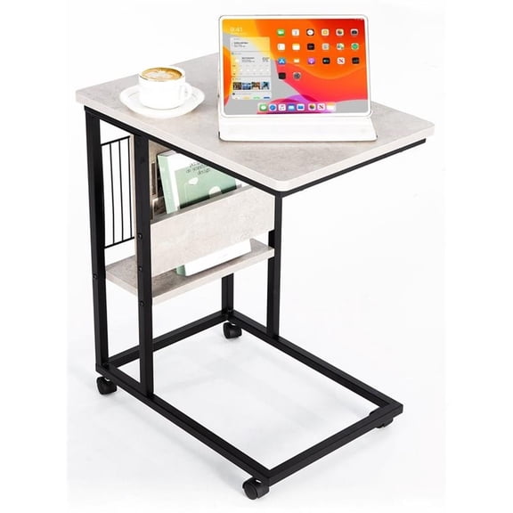 Pemberly Row Modern Wood End C Table with Magazine Holder in Cement/Black