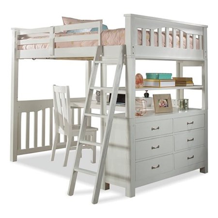 Pemberly Row Kids Full Loft Bed with Desk and Chair with 6-Drawer Dresser White