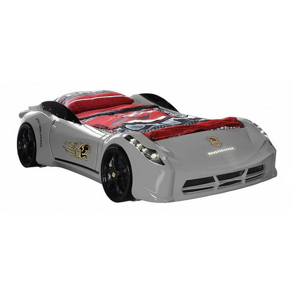Pemberly Row Modern Wood TT Twin Race Car Bed with Remote Control in Gray