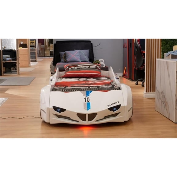 Pemberly Row Modern Wood Twin Race Car Bed with Remote Control in White