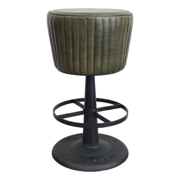 Pemberly Row Mushroom Counter Stool in Green Ribbed Leather with Iron Base