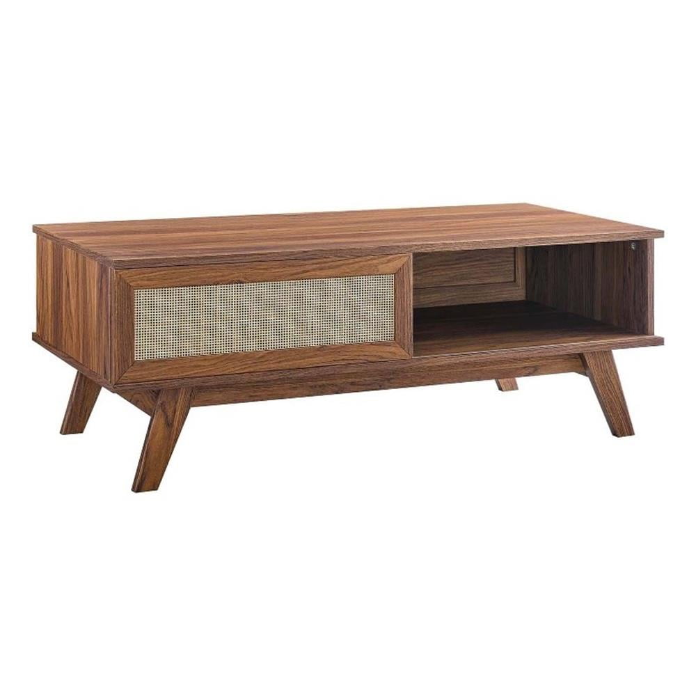 Walnut and Natural Rattan Mid-Century Modern Coffee Table