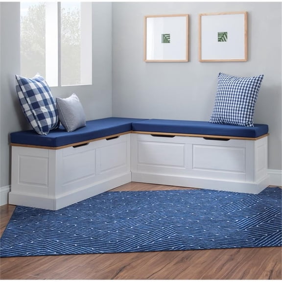 Pemberly Row Natural White Wood Nook With Navy Polyester Fabric Cushions