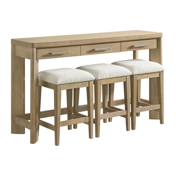 Pemberly Row Oak Console Table Set with 3 Stools & 3 Drawers in Sand Dune Beige