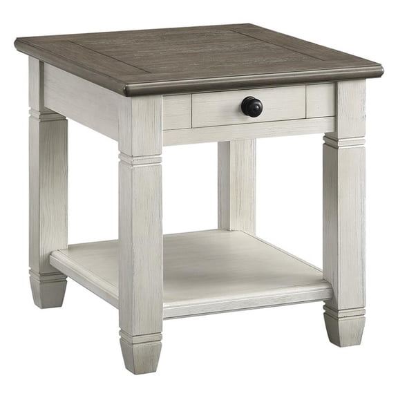 Pemberly Row Oak Veneer 1-Drawer End Table with Lower Shelf in Antique White