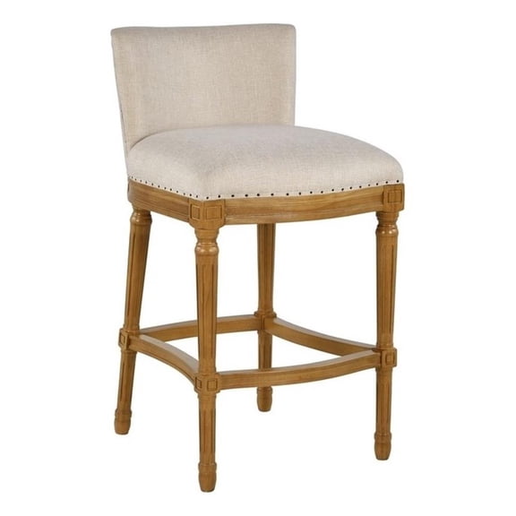 Pemberly Row Oak Wood Linen Upholstered Nailhead Bar Stool in Tan