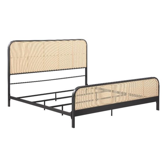 Pemberly Row Open Cane Webbing Metal Eastern King Bed in Black