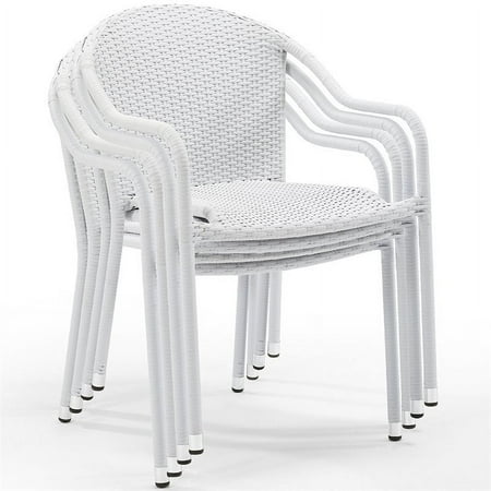 Pemberly Row Outdoor All Weather Wicker Resin Patio Stackable Chair in White (Set of 4)