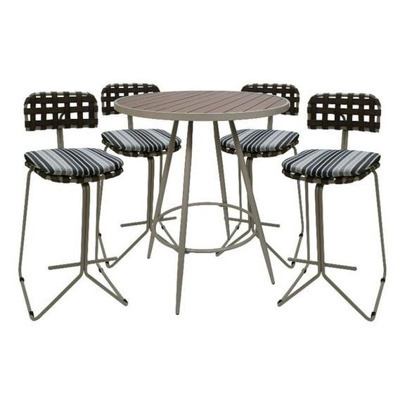 Pemberly Row Outdoor/Indoor Metal Pub Set-30" Stool-Gray Fabric-Beige Frame
