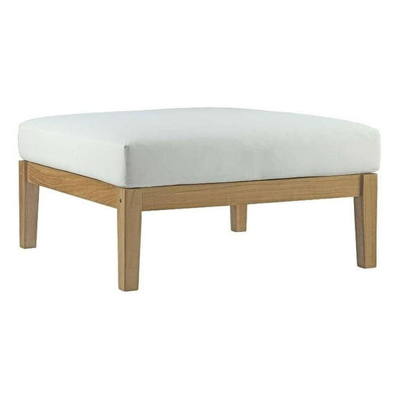 Pemberly Row Outdoor Patio Solid Teak Wood Ottoman in Natural/White