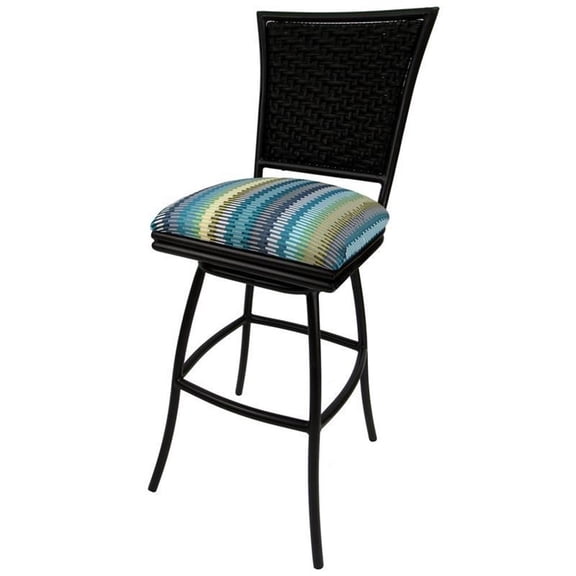 Pemberly Row Outdoor Swivel Bar Stool 30" in Aqua Stripe Fabric with Black Frame