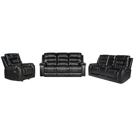 Pemberly Row PU Leather Manual Recliner Sofa Set 3 Pieces Living Room Set Black