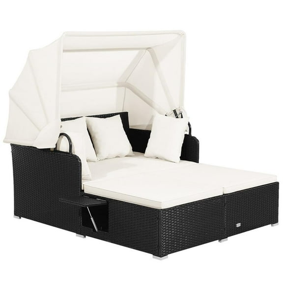 Pemberly Row Patio Rattan Daybed Lounge Retractable Top Canopy in White