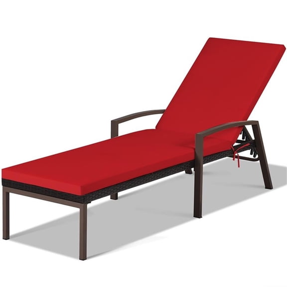 Pemberly Row Patio Rattan Lounge Chair Chaise Back Adjustable Red