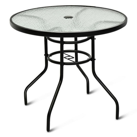 Pemberly Row Patio Round Table Tempered Glass Steel Frame in White
