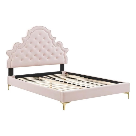 Pemberly Row Performance Velvet Full Platform Bed in Pink Finish