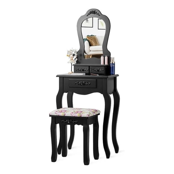 Pemberly Row Pine Wood Vanity Table Set with 3 Storage Drawers in Black