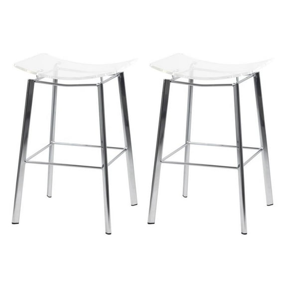 Pemberly Row Plastic Bar Stool Chair Set of 2 in Chrome -Saddle Seat & Footrest