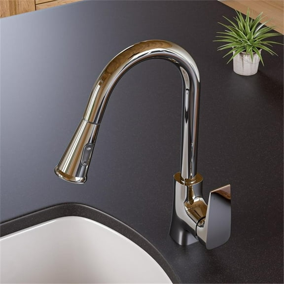 Pemberly Row Polished Chrome Square Gooseneck Pull Down Kitchen Faucet