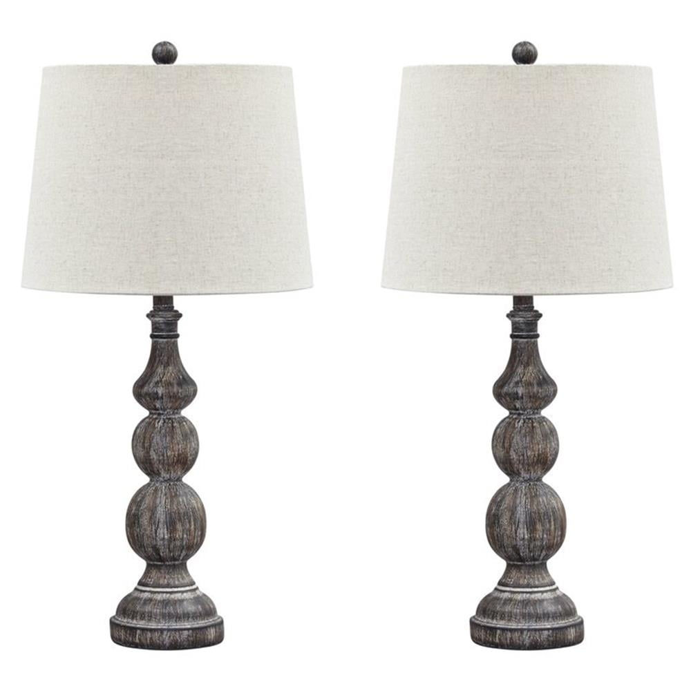 Antique Black Polyresin Table Lamp Set with Drum Shade