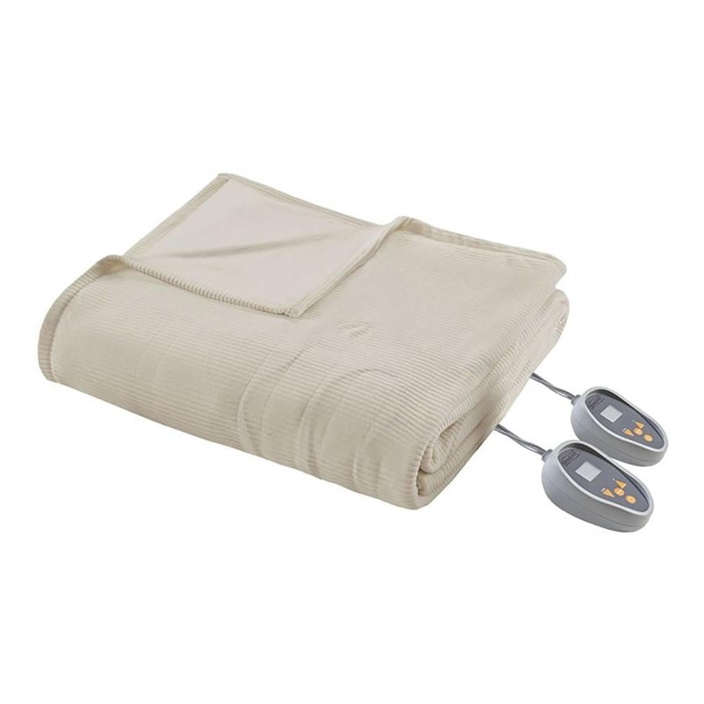 Beige Knitted Micro Fleece Heated Blanket with Dual Controllers