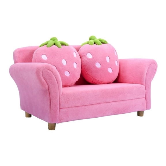 Pemberly Row Polyurethane Strawberry Kids Armrest Sofa with 2 Pillows in Pink