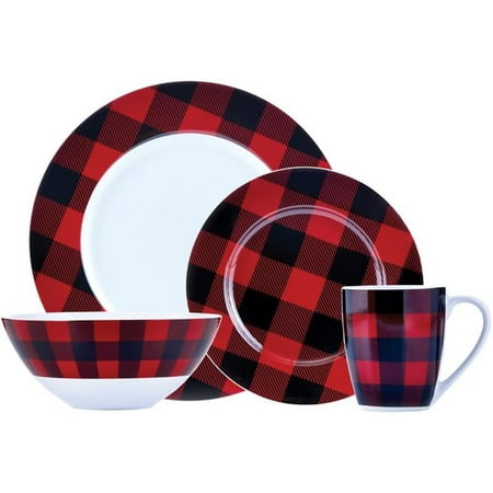 Pemberly Row Porcelain Dinner Set 16 Piece Buffalo Plaid Red/Black