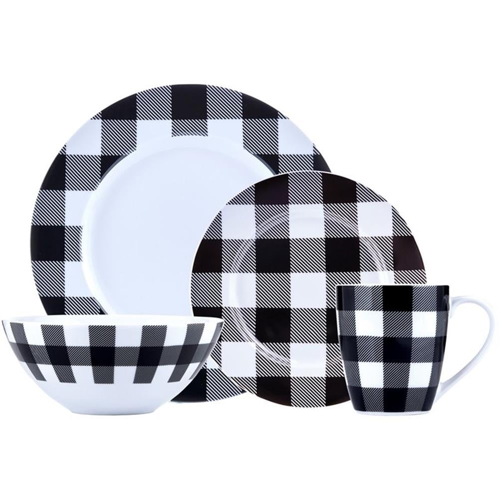 Pemberly Row Porcelain Dinnerset 16 Piece Buffalo Plaid White/Black