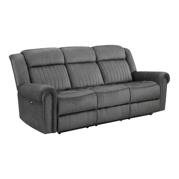 Pemberly Row Power Double Reclining Sofa with Nailhead Trim in Charcoal
