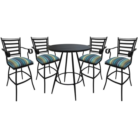Pemberly Row Pub Set with 30" Swivel Stool Arms and Padded Back in Aqua Stripe
