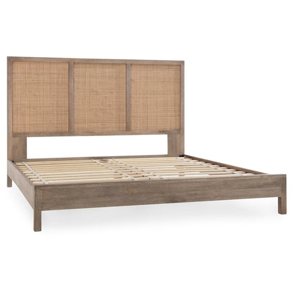 Pemberly Row Queen Bed Open Weave Caning and Solid Mango Wood in Taupe