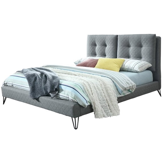 Pemberly Row Queen Bed Upholstered in Gray Fabric with Diamond Quilting