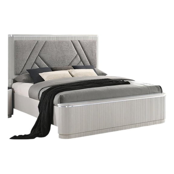 Pemberly Row Queen Bed in Gray Chevron Satin with LED Headboard