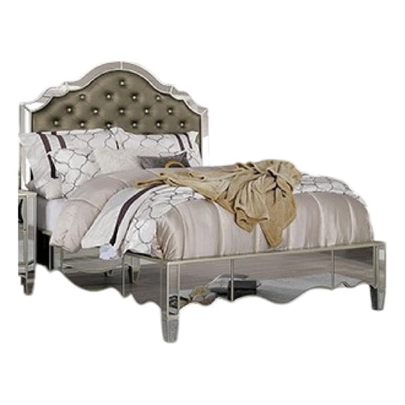 Pemberly Row Queen Bed w/ Tufted Faux Leather Headboard & Mirror Panels - Silver